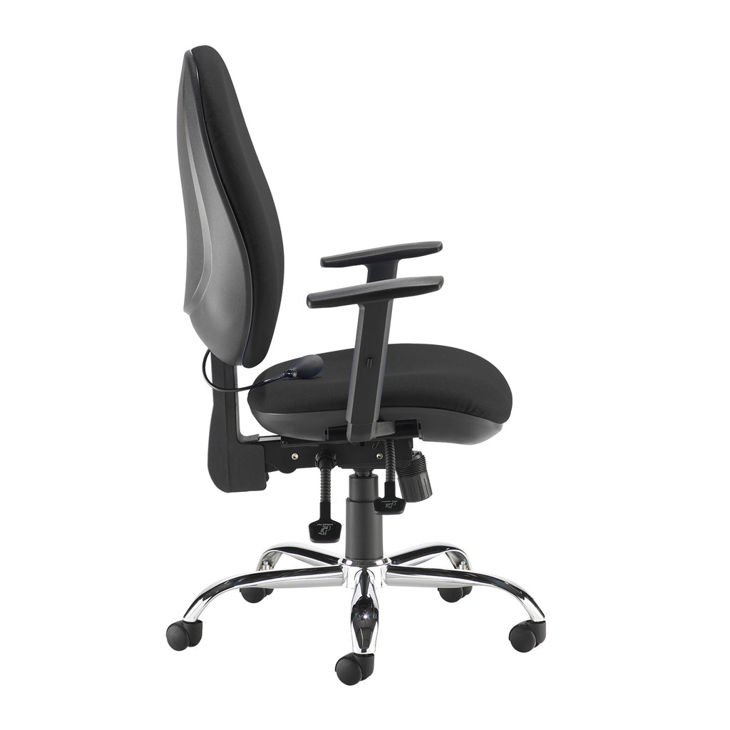 Black office chair with adjustable armrests on a white background