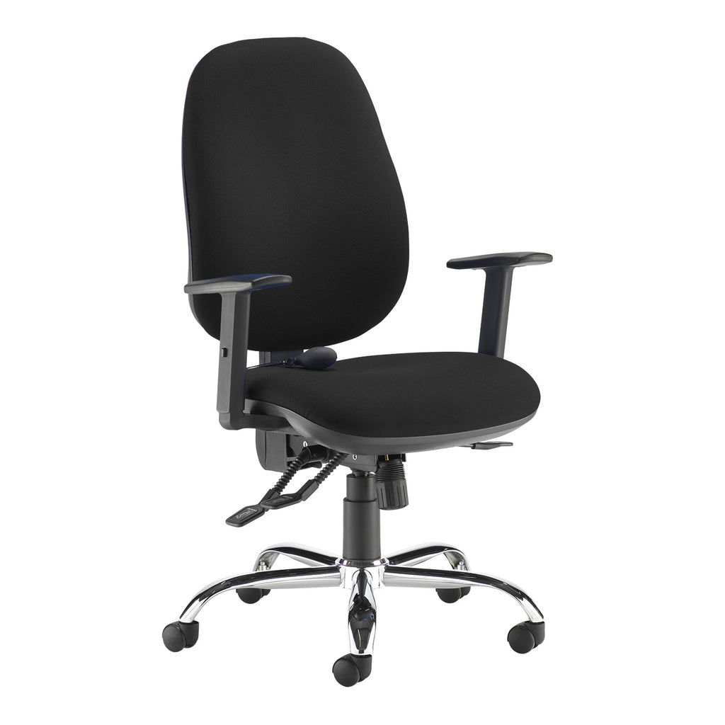 Black office chair with adjustable arms on a white background
