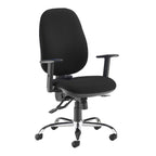 Black office chair with adjustable arms on a white background