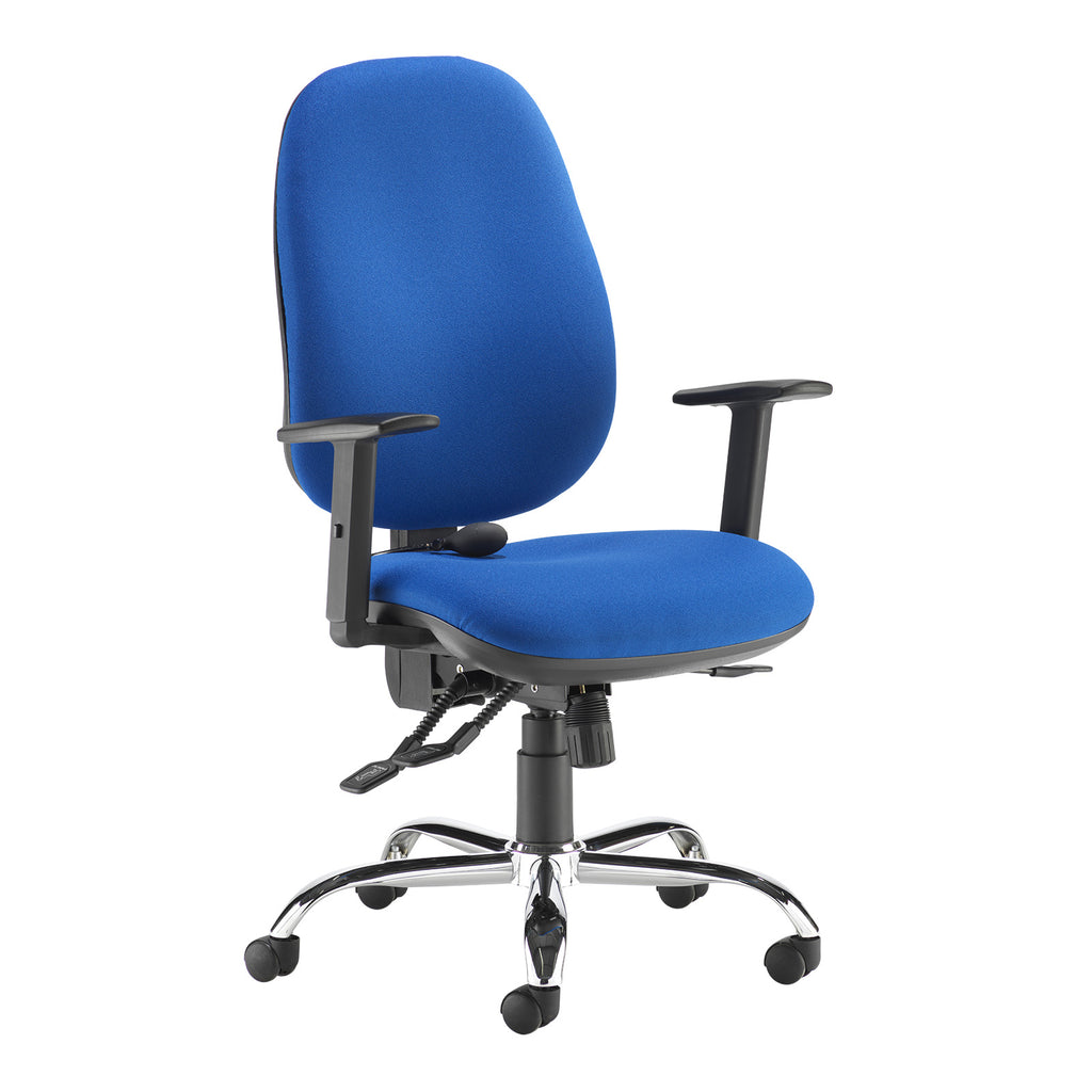 Blue office chair with black armrests and base on a white background