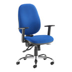 Blue office chair with black armrests and base on a white background