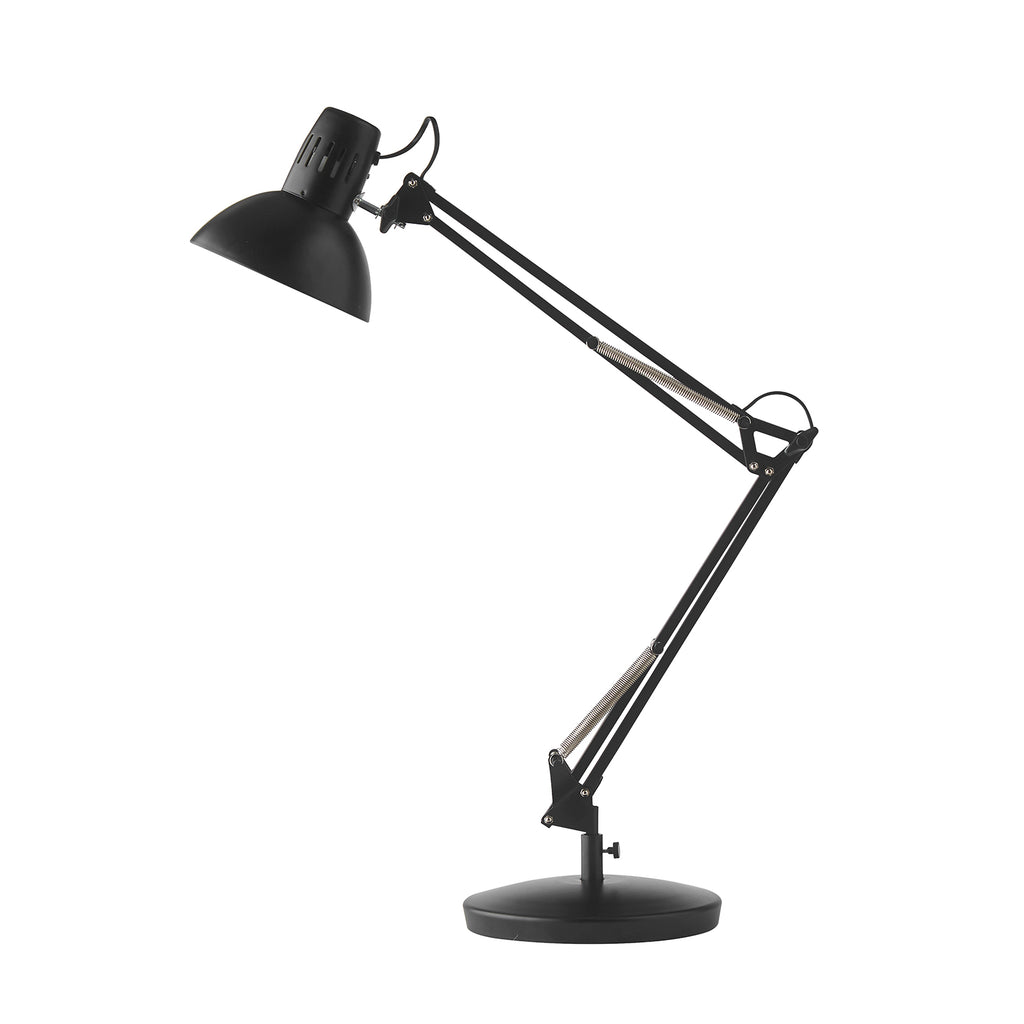 Black desk lamp with adjustable arm on a white background