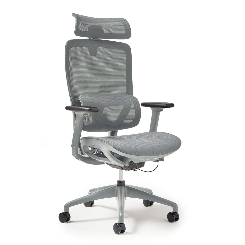 Grey office chair with mesh back and armrests on a white background