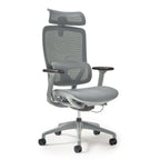 Grey office chair with mesh back and armrests on a white background