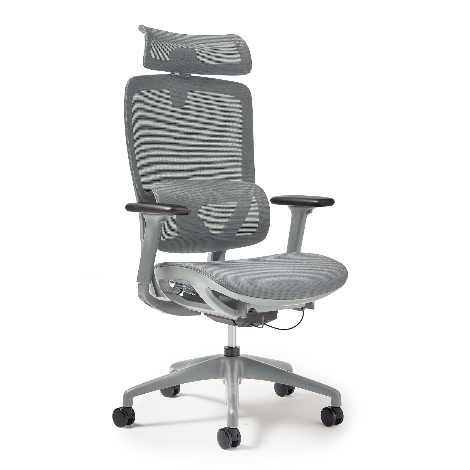 Grey office chair with mesh back and armrests on a white background