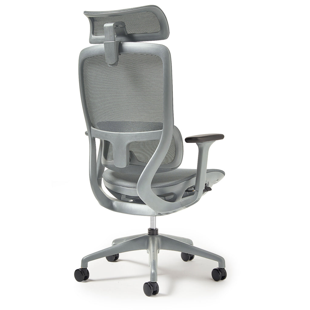 Grey office chair with mesh back and armrests on a white background