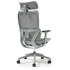 Grey office chair with mesh back and armrests on a white background