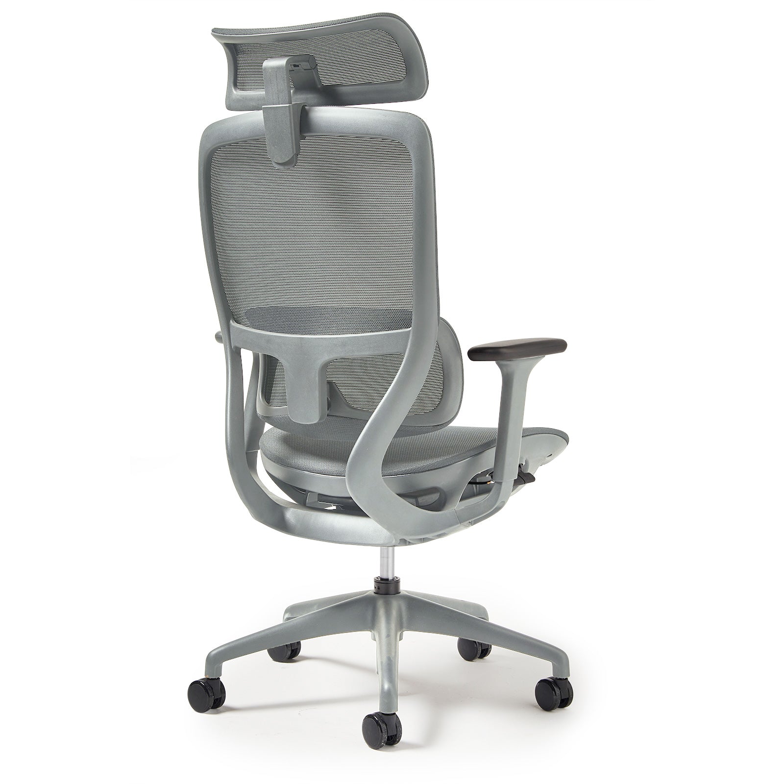 Grey office chair with mesh back and armrests on a white background
