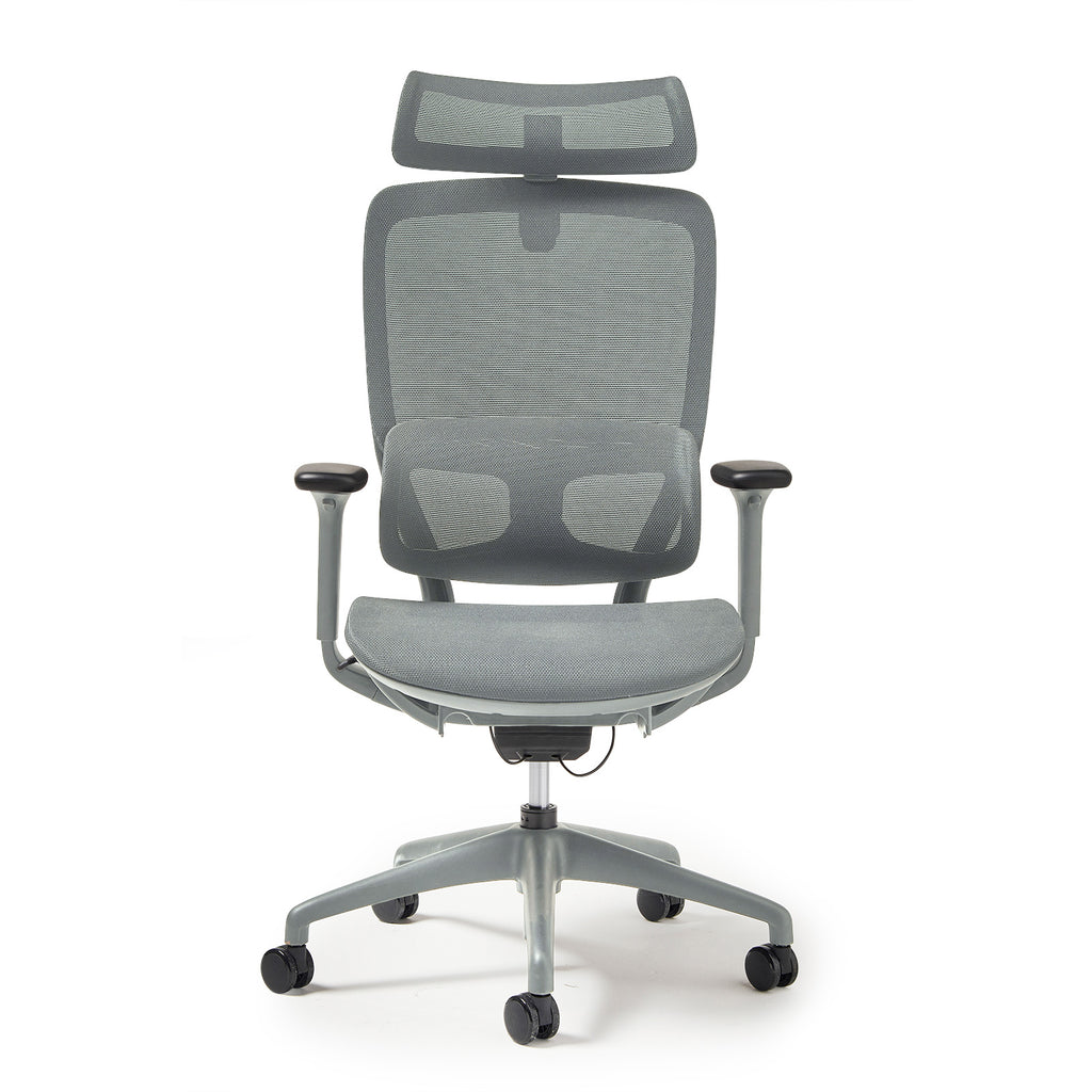 Grey office chair with mesh back and armrests on a white background