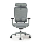 Grey office chair with mesh back and armrests on a white background