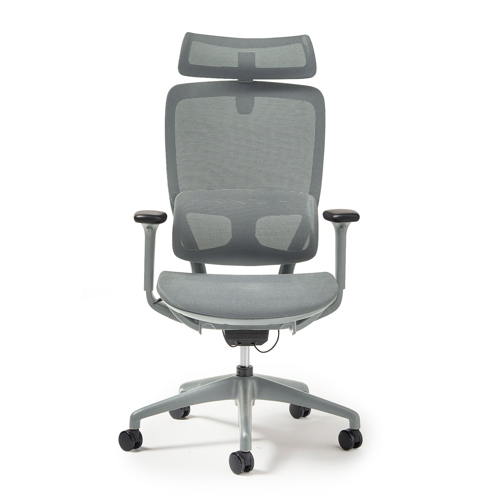Grey office chair with mesh back and armrests on a white background