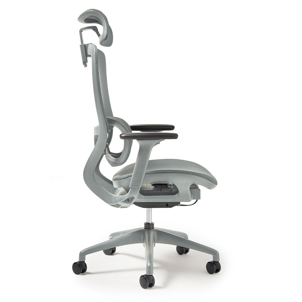 Grey office chair with mesh back and armrests on a white background