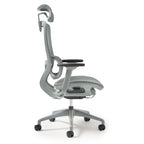 Grey office chair with mesh back and armrests on a white background