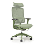 Green office chair with mesh back and armrests on a white background