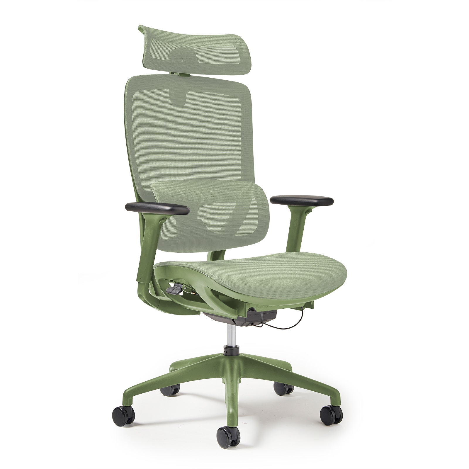 Green office chair with mesh back and armrests on a white background
