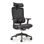 Black office chair with mesh back and armrests on a white background