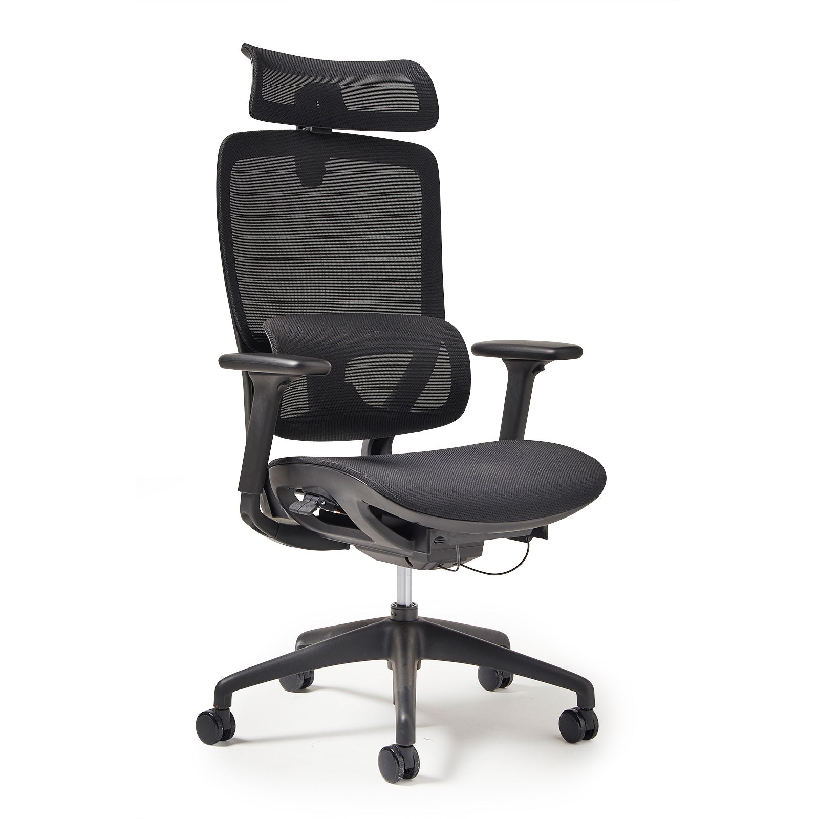 Black office chair with mesh back and armrests on a white background
