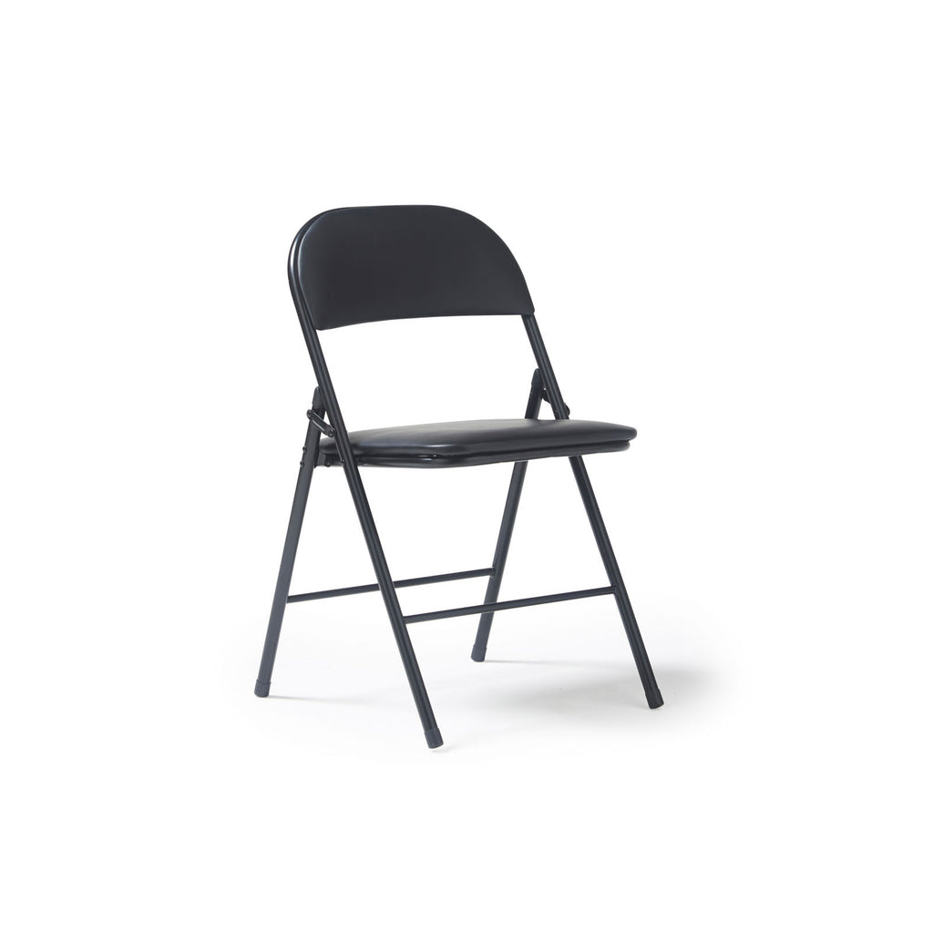 A black folding chair with a curved backrest and seat, shown from a three-quarter angle on a clean white background.