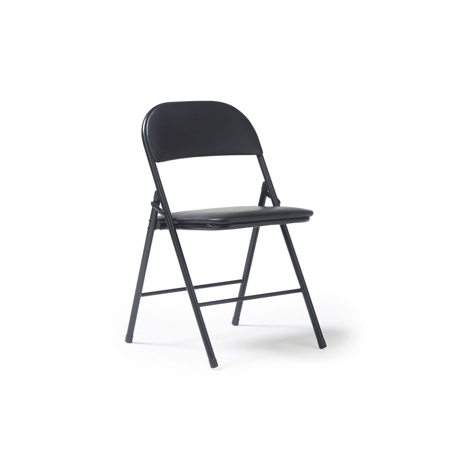 A black folding chair with a curved backrest and seat, shown from a three-quarter angle on a clean white background.