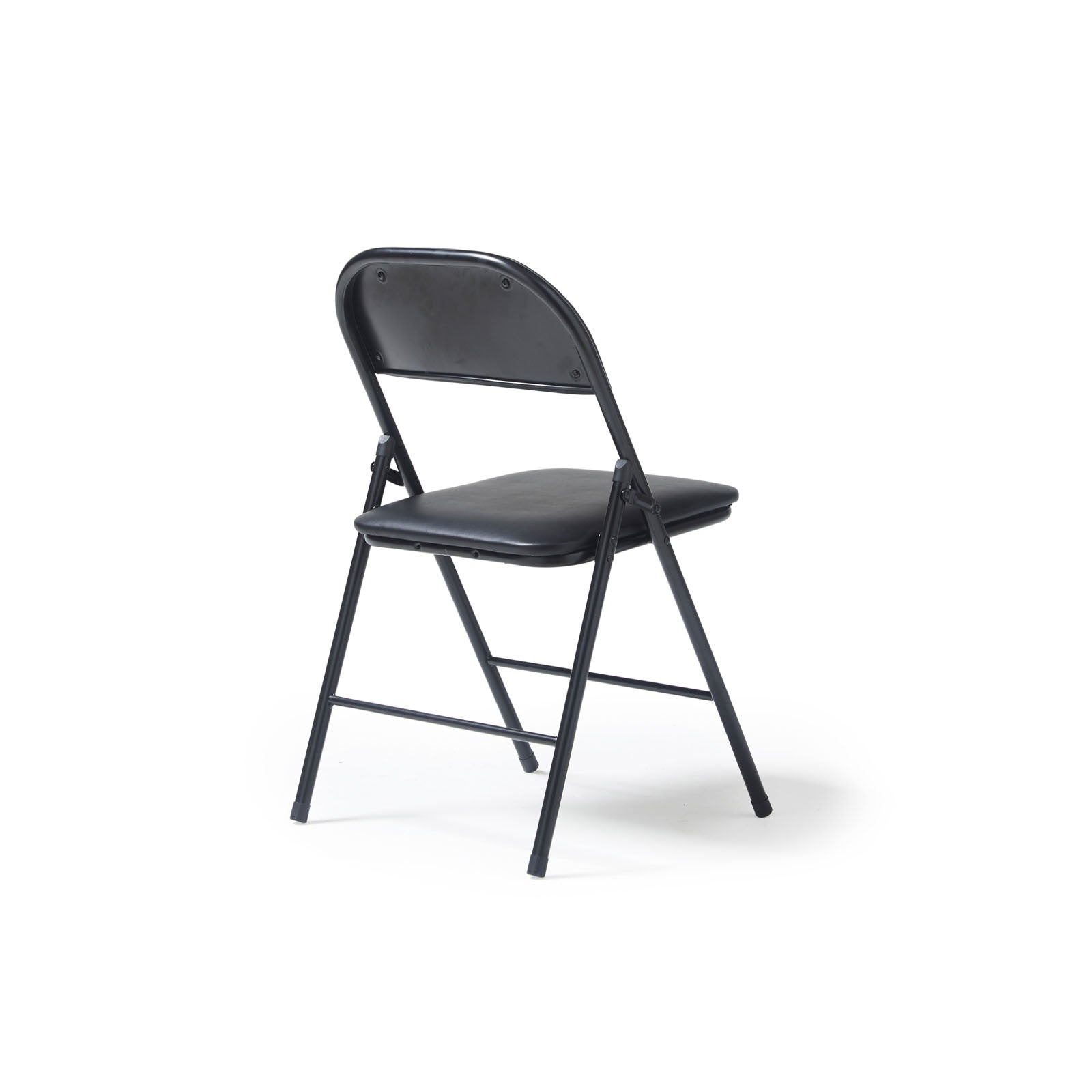 A black folding chair with a padded seat and backrest, shown from a three-quarter angle on a clean white background.
