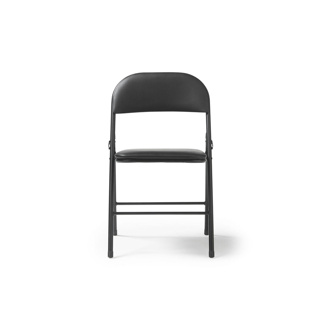 A black folding chair with a padded seat and curved backrest, shown from the front on a clean white background.