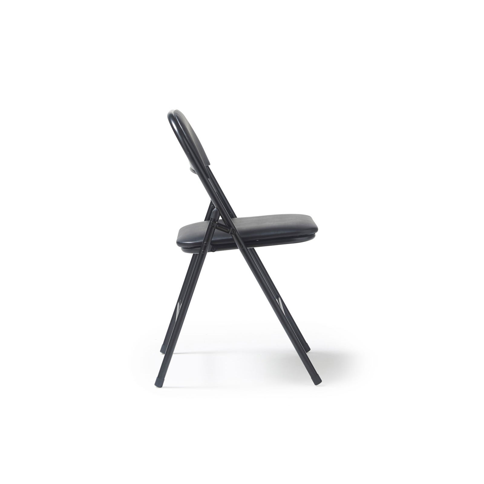 A black folding chair with a padded seat and curved backrest, shown from the side against a plain white background.