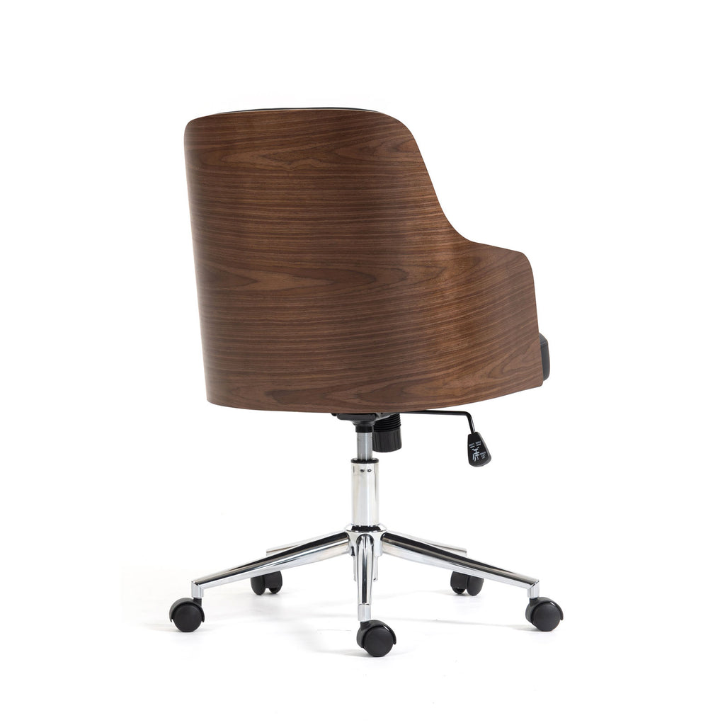 A modern office chair with a curved, wrap-around backrest upholstered in dark brown wood grain, mounted on a polished chrome five-star base with black castors.