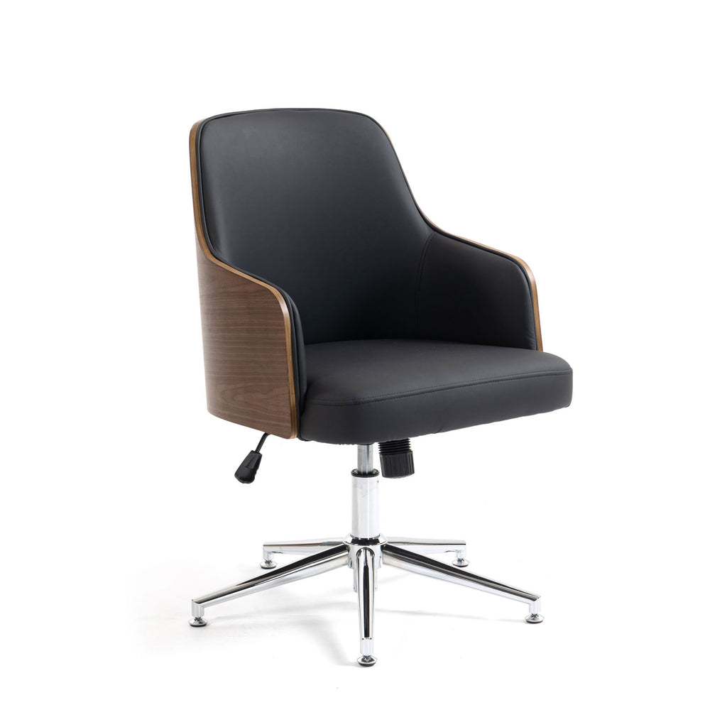 A modern swivel office chair with a black upholstered seat and backrest, brown wood-grain side panels, and a chrome five-star base, shown against a plain white background.