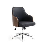 A modern swivel office chair with a black upholstered seat and backrest, brown wood-grain side panels, and a chrome five-star base, shown against a plain white background.