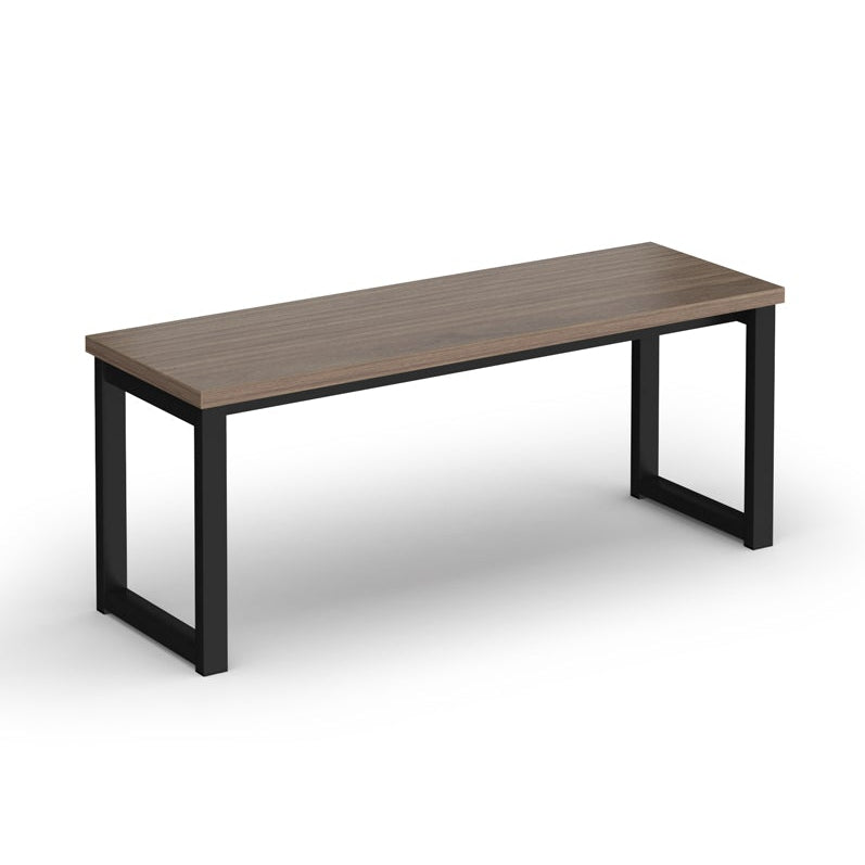 Bench with wood-effect top and black frame on a white background