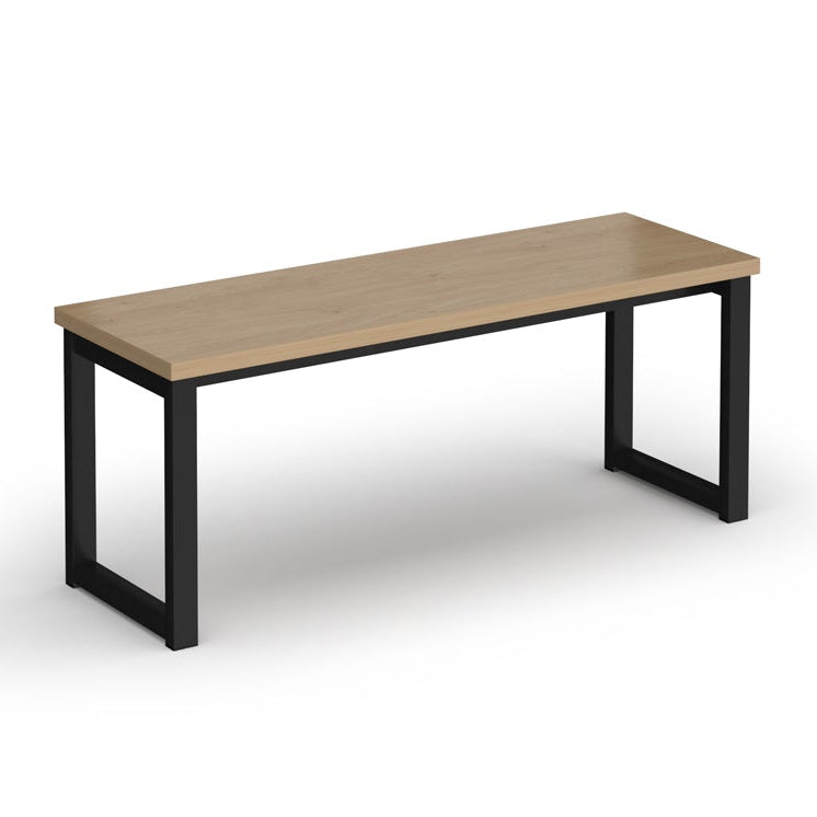 Bench with wood-effect top and black frame on a white background