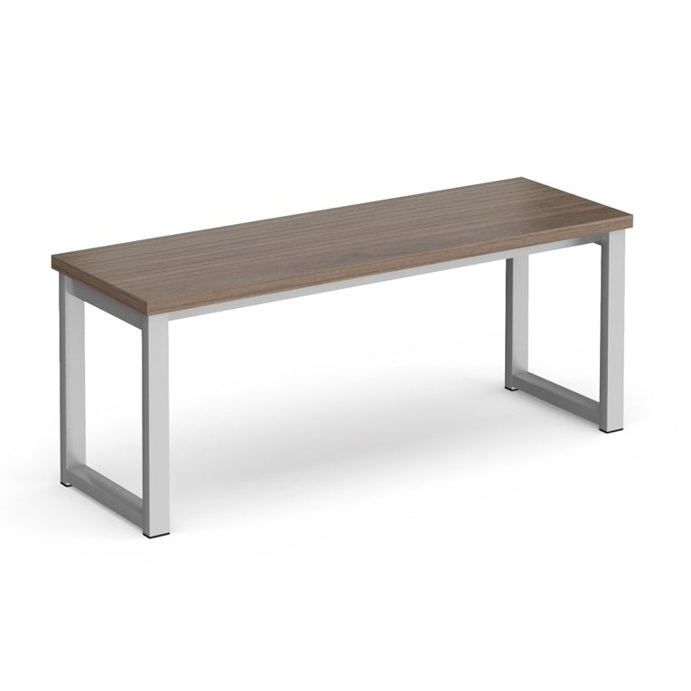 Bench with wood-effect top and silver frame on a white background
