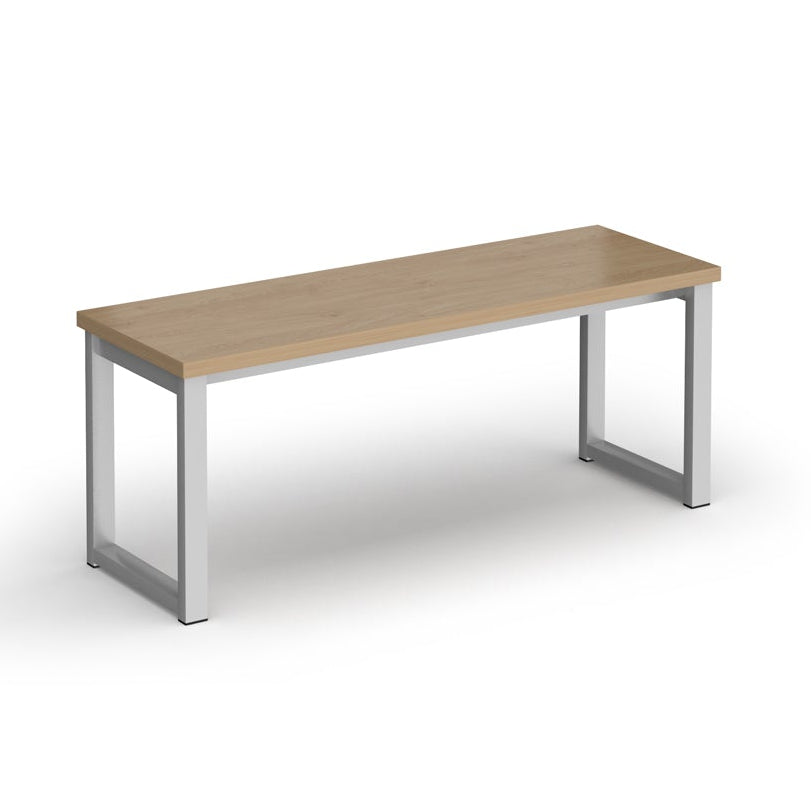 Bench with wood-effect top and silver frame on a white background