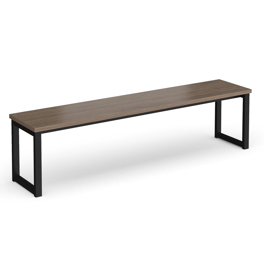 Bench with wood-effect top and black frame on a white background