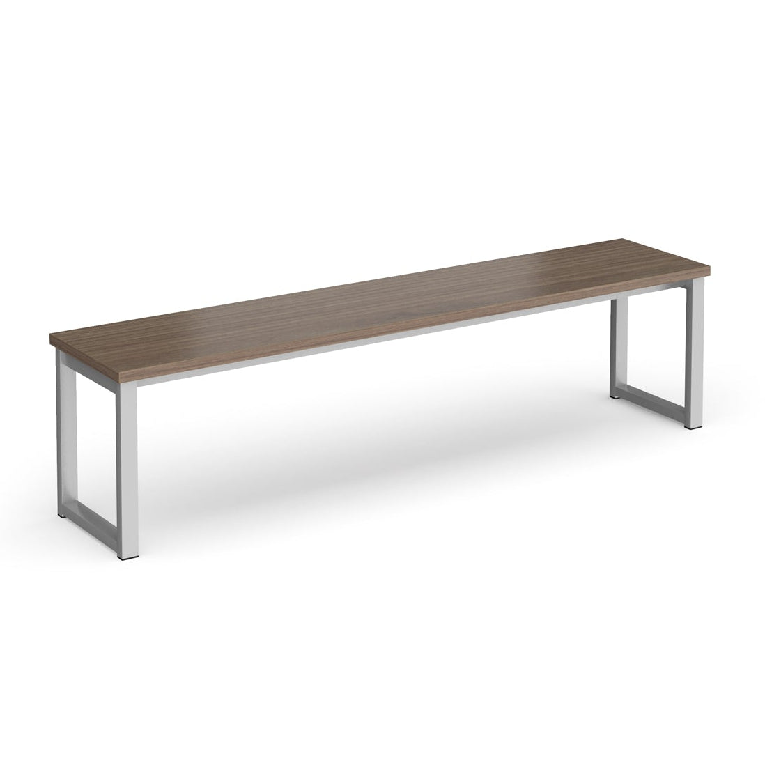 Bench with wood-effect top and silver frame on a white background