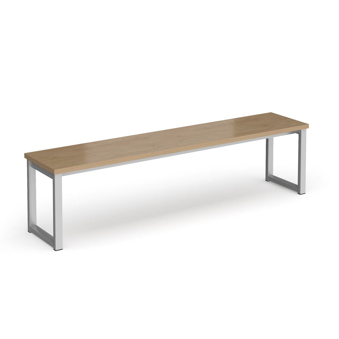 Bench with wood-effect top and silver frame on a white background