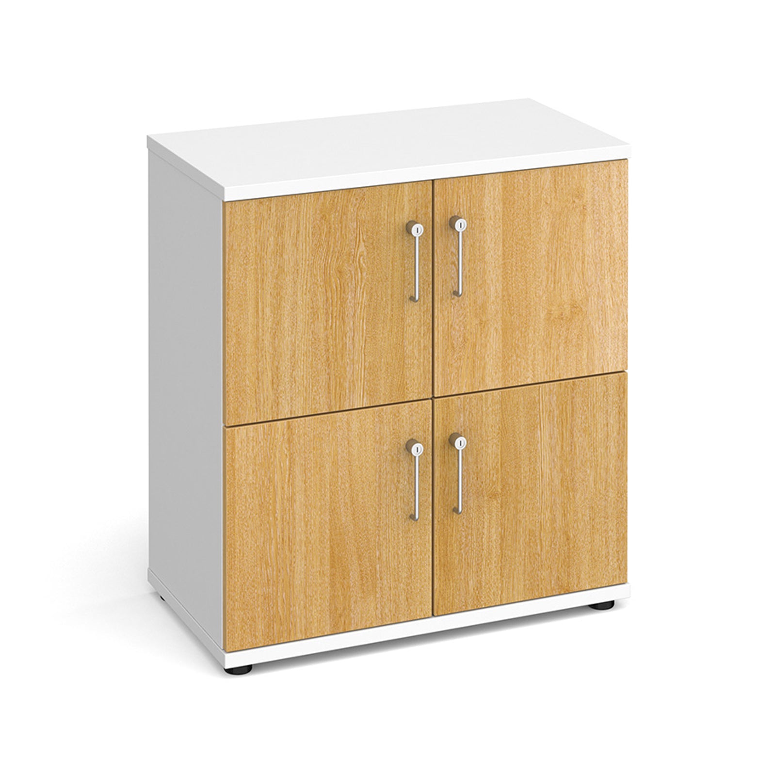 White locker with wooden doors on a white background