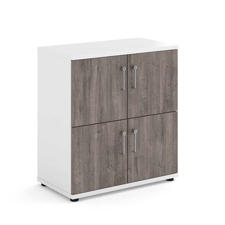 White locker with grey wooden doors on a white background