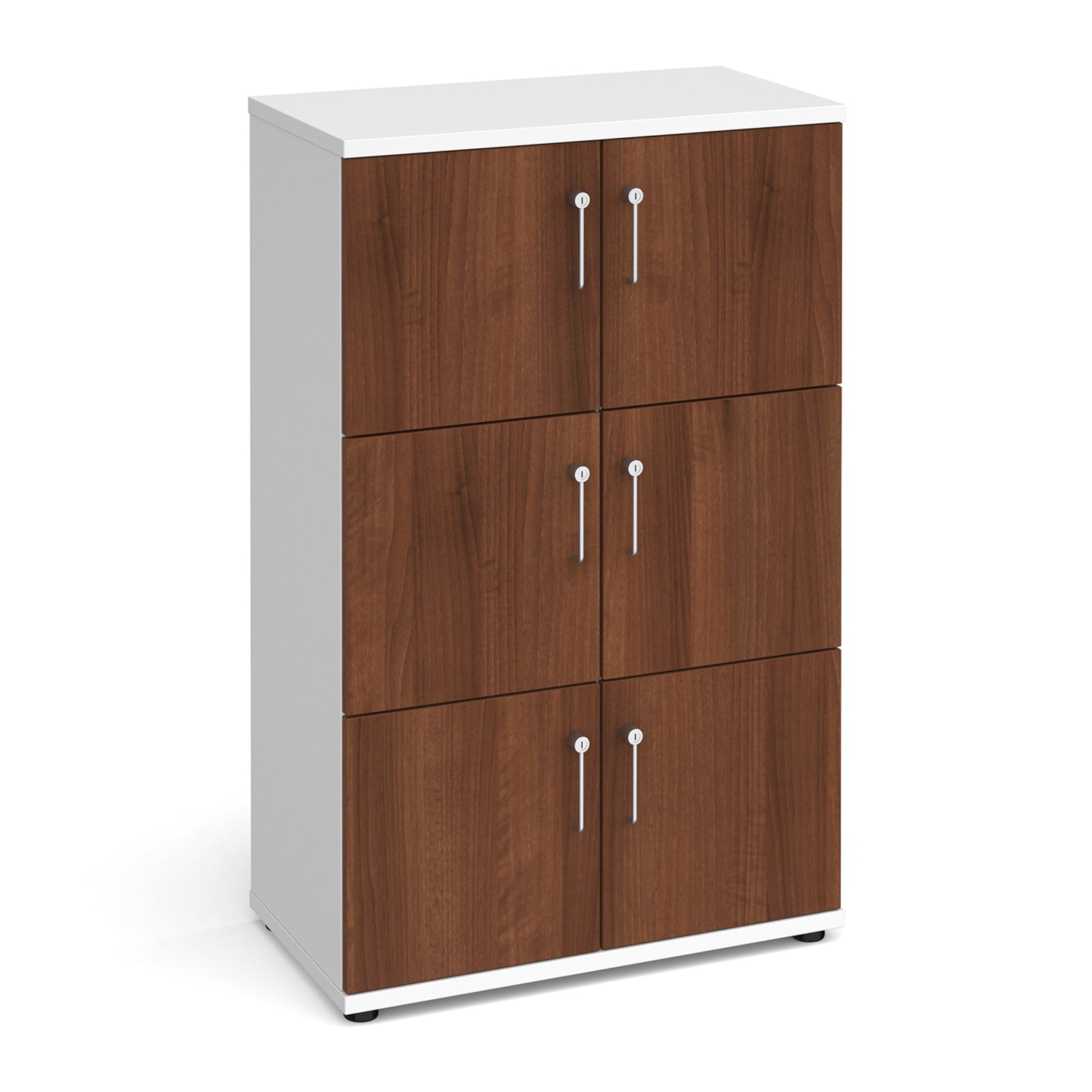 White locker with wooden doors on a white background