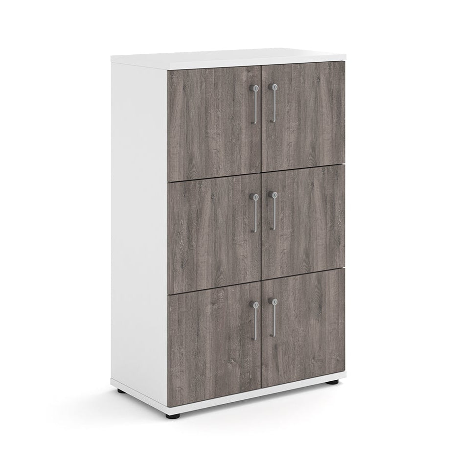 White locker with grey wooden doors on a white background
