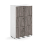 White locker with grey wooden doors on a white background