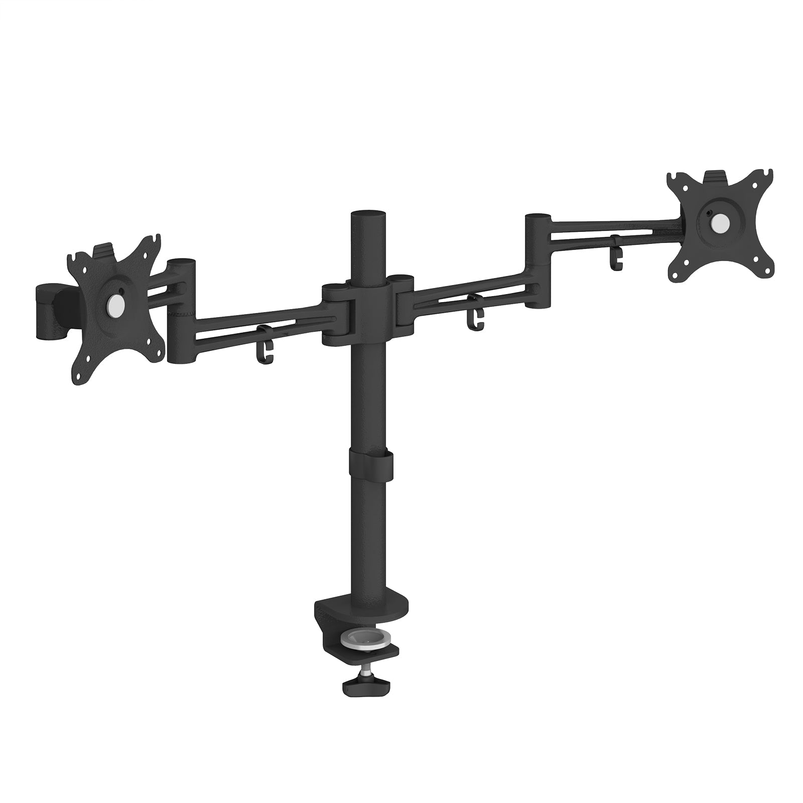 Black double monitor arm on a white background