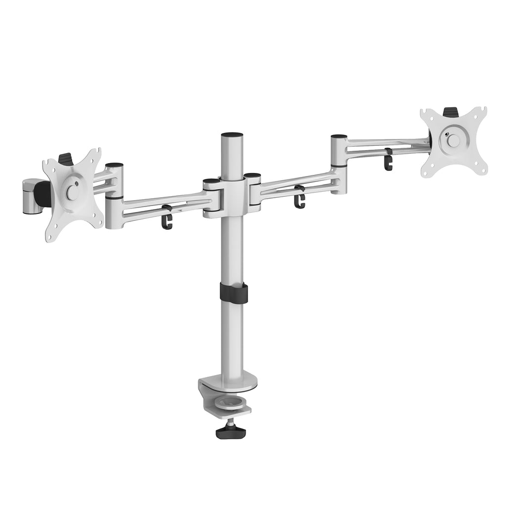 Silver double monitor arm on a white background