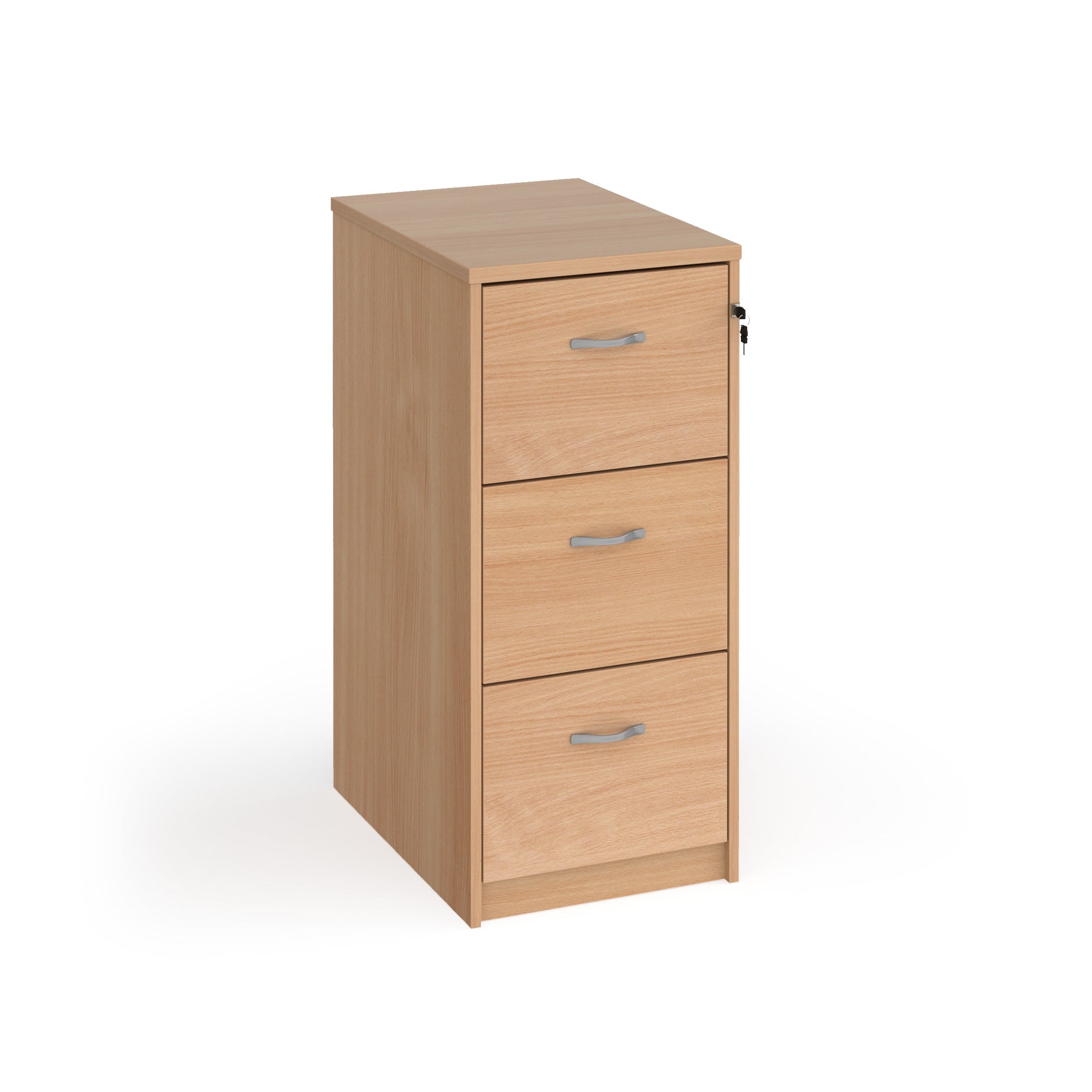 Wooden three-drawer filing cabinet on a white background