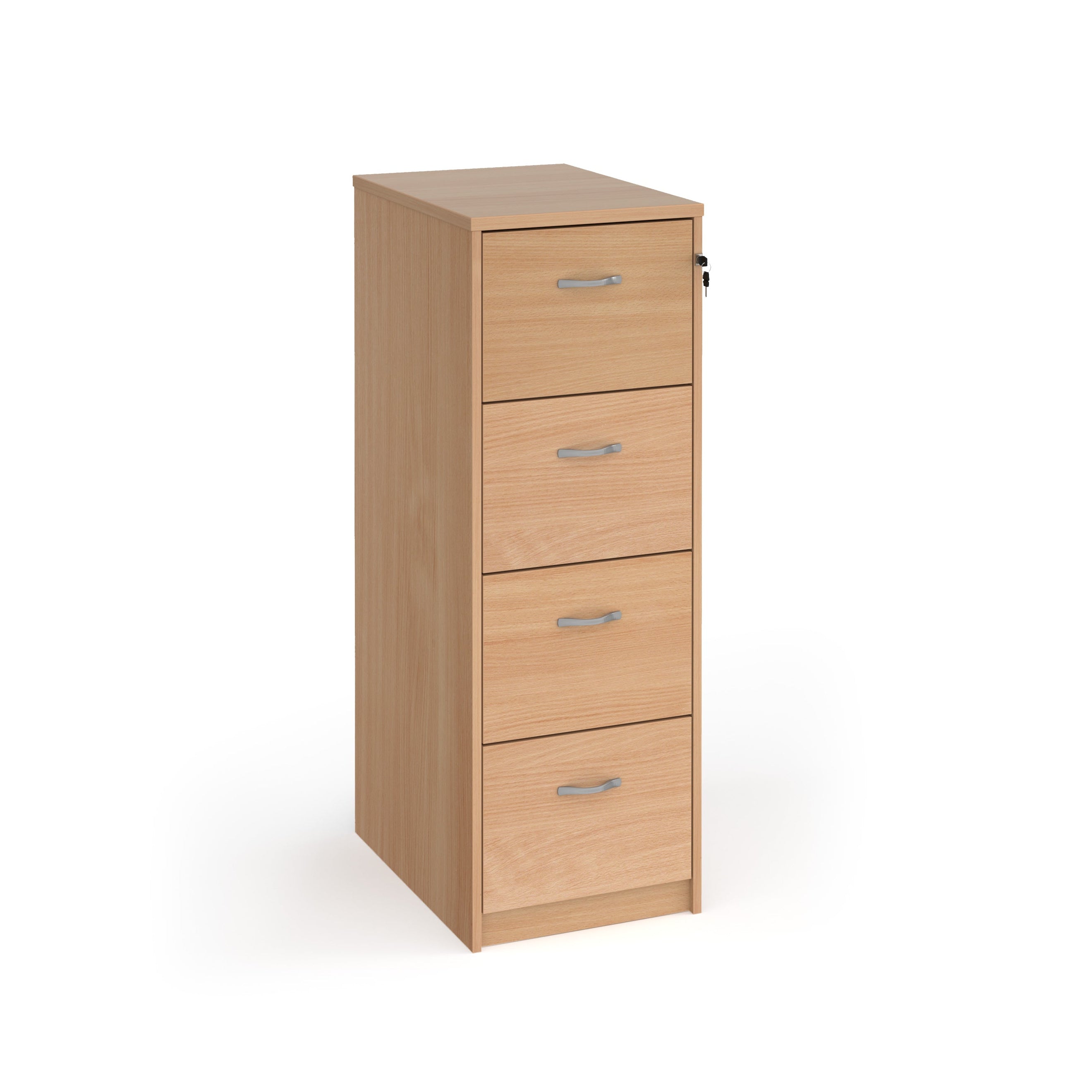 Wooden four-drawer filing cabinet on a white background