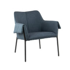Blue armchair with black metal frame on a white background