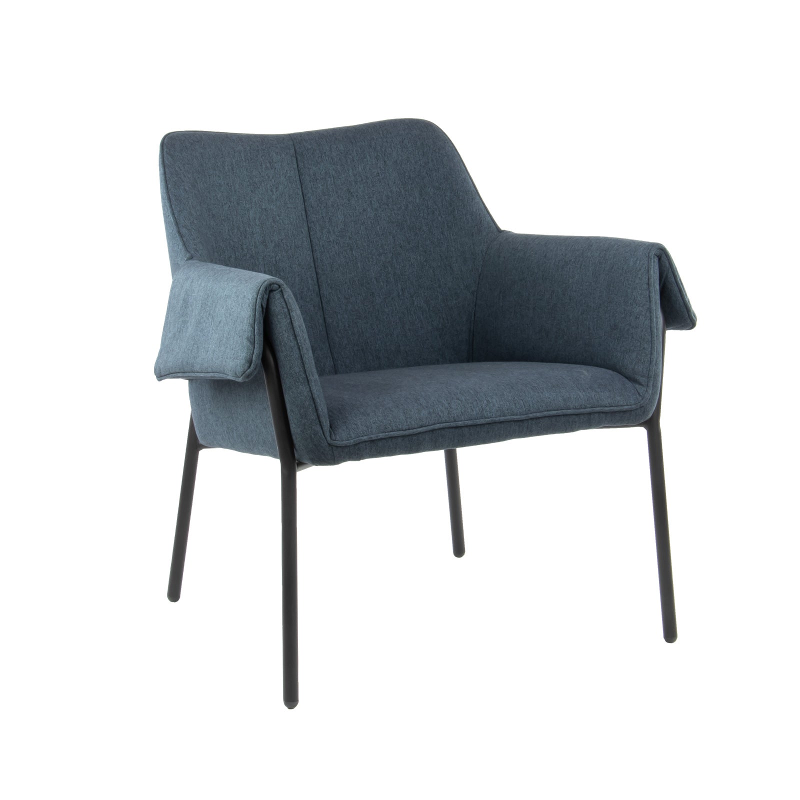 Blue armchair with black metal frame on a white background