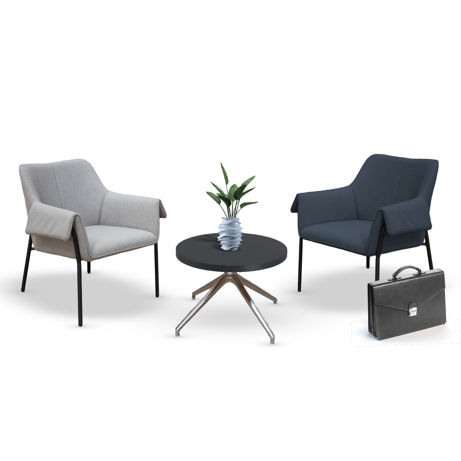 Two armchairs and a table on a white background