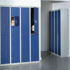 Blue lockers with grey frames in a room setting