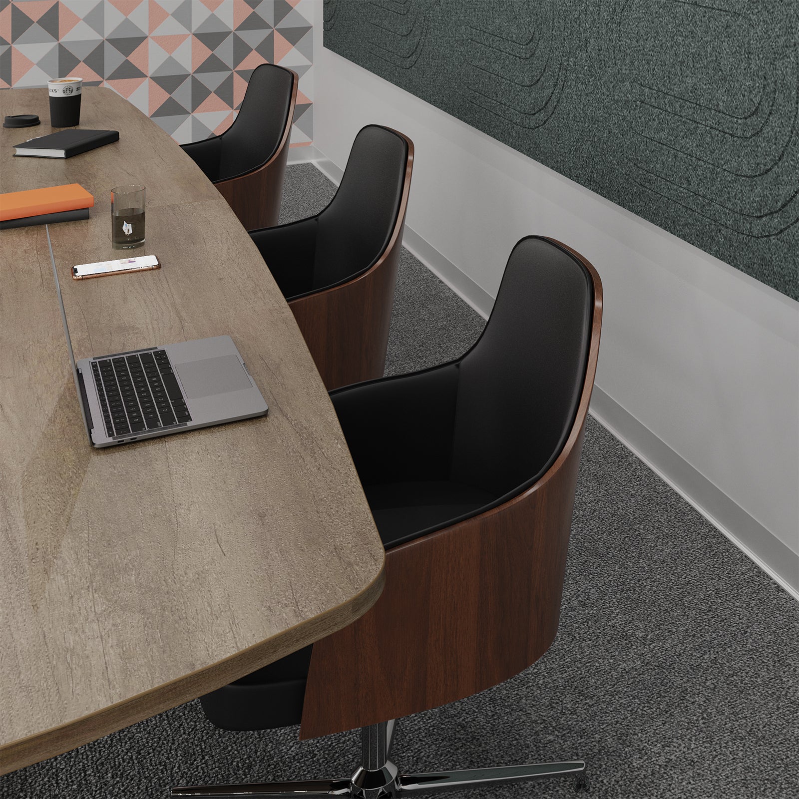 Modern meeting room scene with three swivel office chairs featuring dark wood frames and black upholstery, arranged around a light wood conference table with a laptop, notebook, and coffee cup.